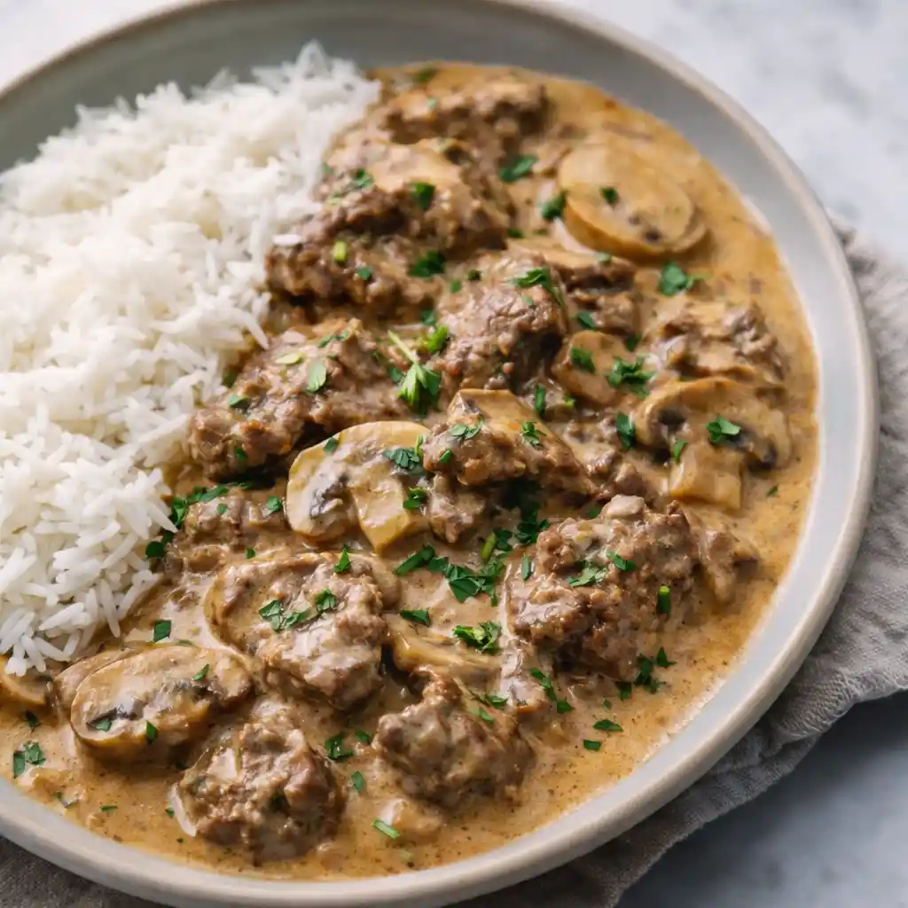 Classic homemade beef stroganoff recipe with mushrooms and sour cream sauce