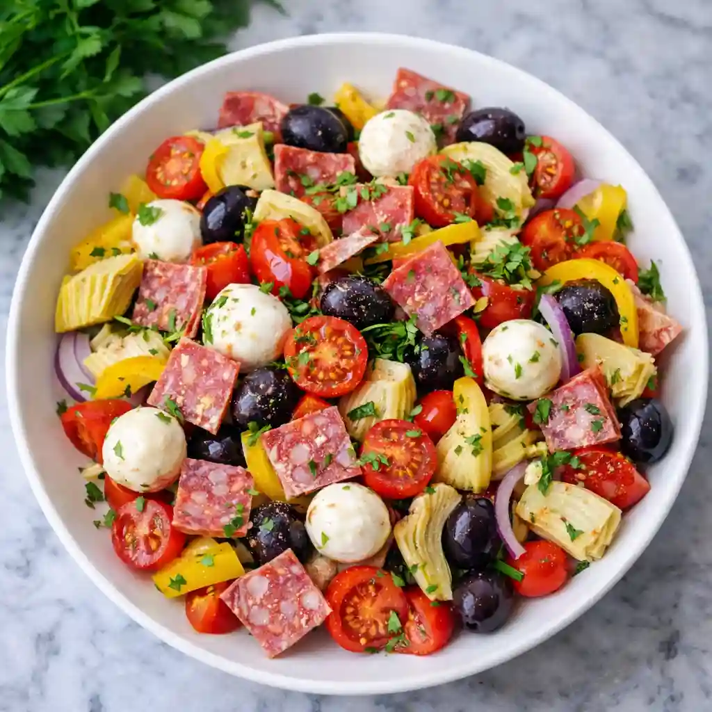Keto No Pasta Pasta Salad with zucchini and cauliflower in large bowl