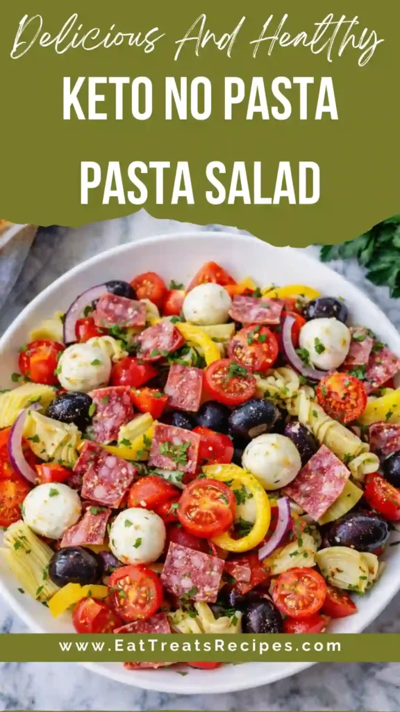 Keto No Pasta Pasta Salad with zucchini and cauliflower in large bowl