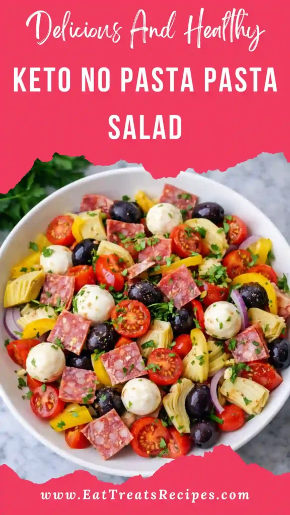 Keto No Pasta Pasta Salad with zucchini and cauliflower in large bowl