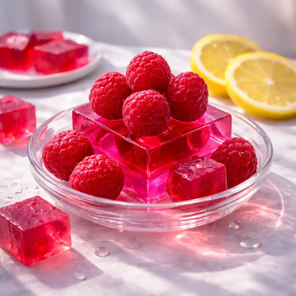 Pink Jello Diet Recipe sugar-free cubes in glass bowl