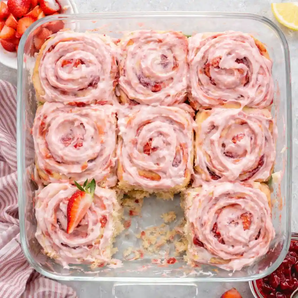 Strawberry Cinnamon Rolls with Lemon Cream Cheese Glaze fresh out of the oven