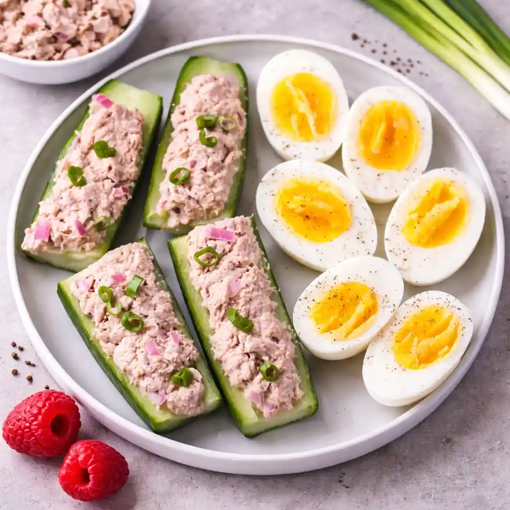 tuna salad with cucumber and boiled eggs in a healthy high protein bowl