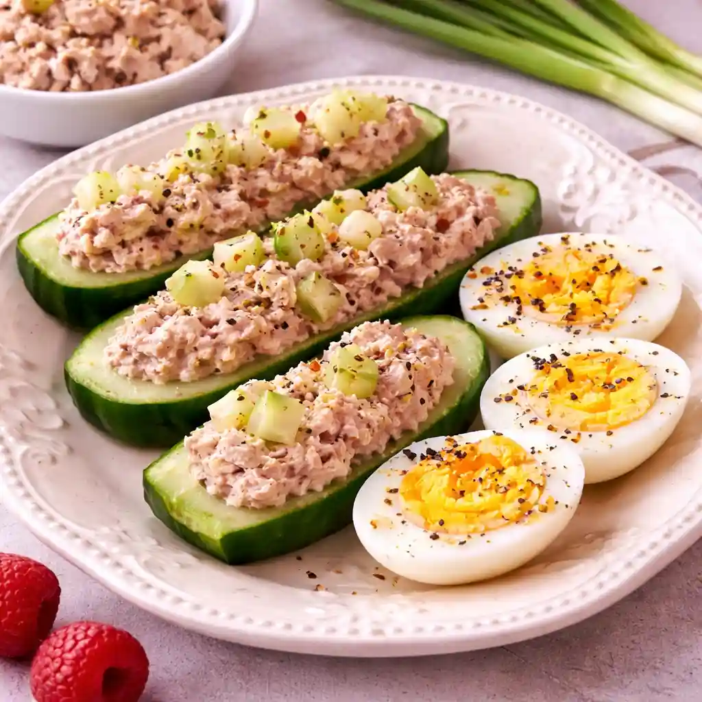 tuna salad with cucumber and boiled eggs in a healthy high protein bowl