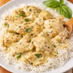 basil chicken with coconut curry sauce served with rice and fresh basil