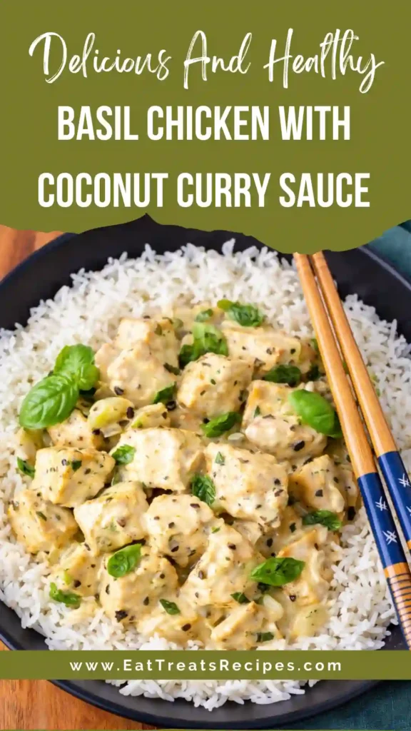 basil chicken with coconut curry sauce served with rice and fresh basil