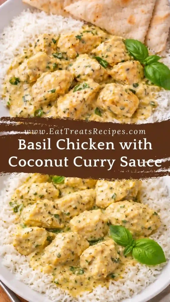 basil chicken with coconut curry sauce served with rice and fresh basil