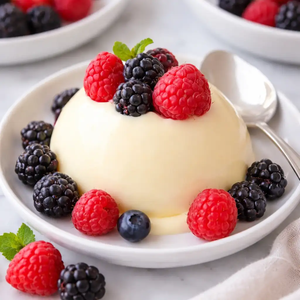 Bavarian cream and berries dessert in glass bowl