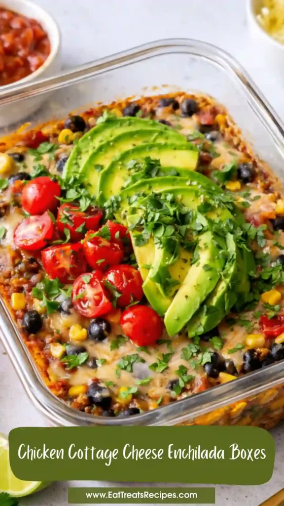 chicken cottage cheese enchilada boxes with rice avocado and enchilada sauce