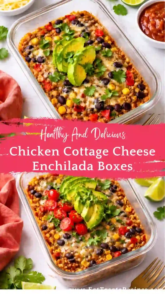 chicken cottage cheese enchilada boxes with rice avocado and enchilada sauce