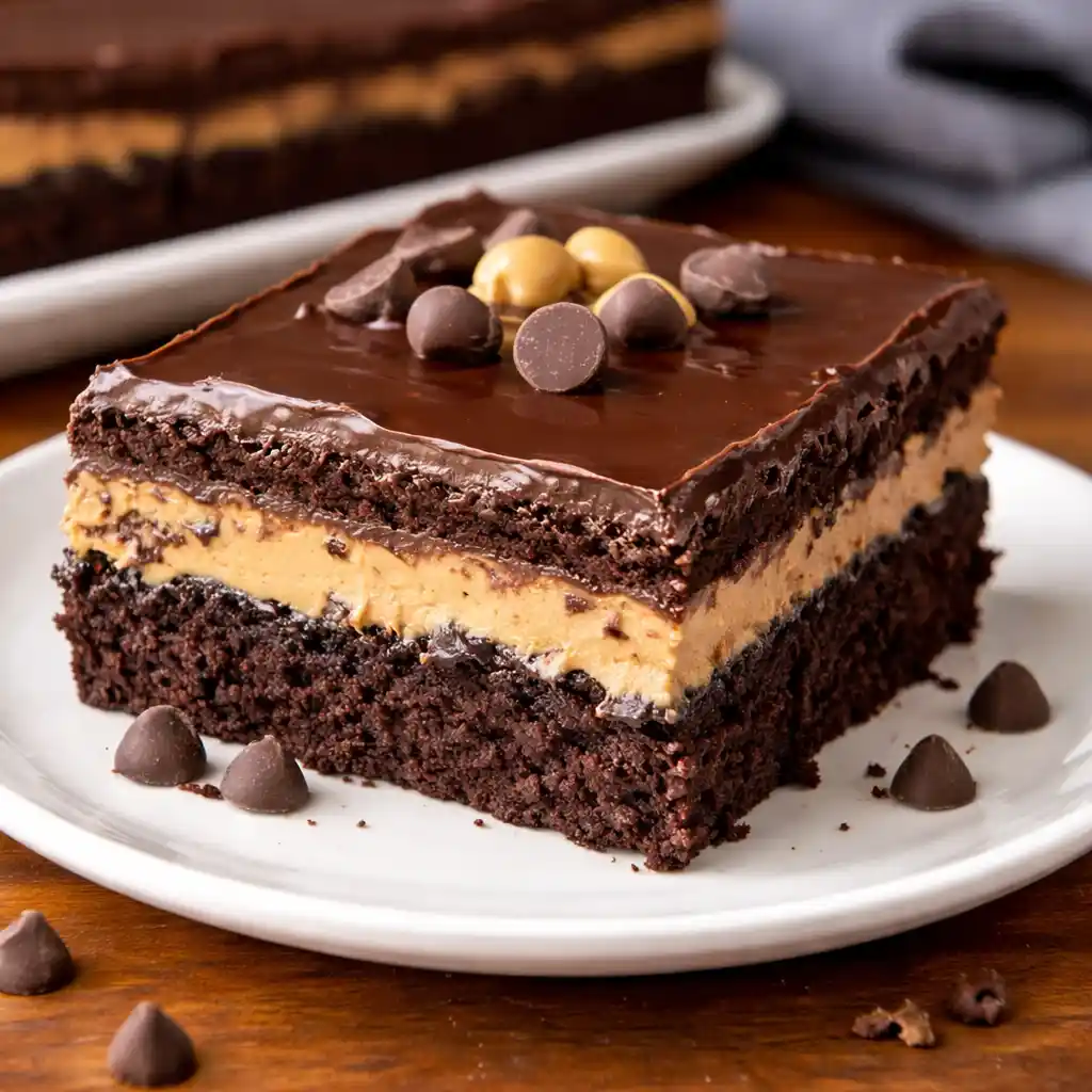 chocolate peanut butter texas sheet cake fudgy moist slice
