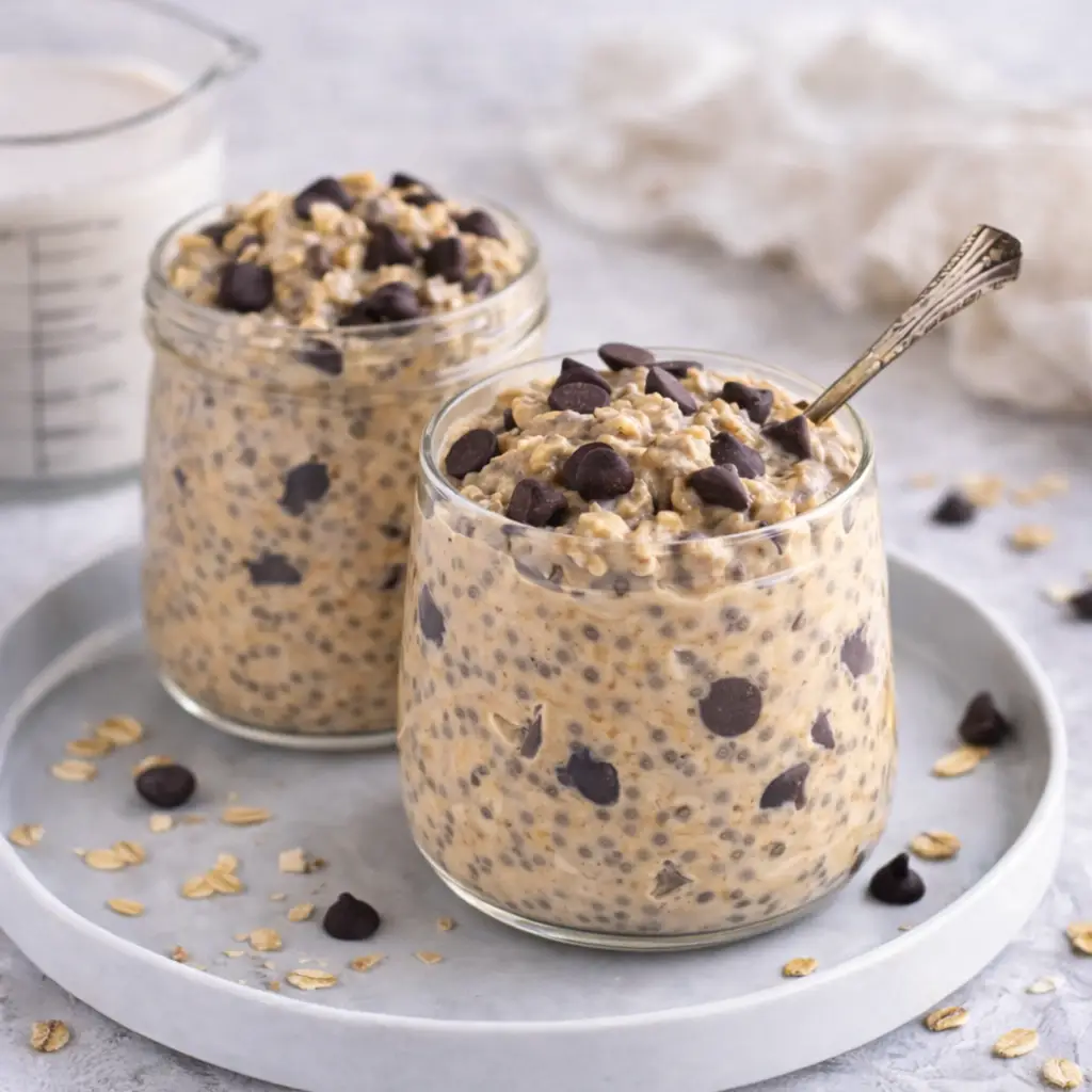 Cookie Dough Overnight Oats in mason jar with chocolate chips
