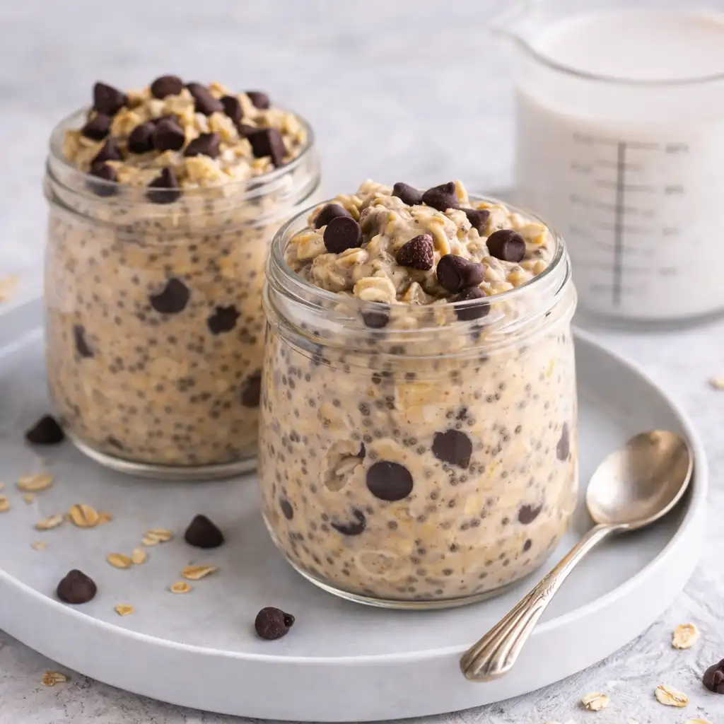 Cookie Dough Overnight Oats in mason jar with chocolate chips