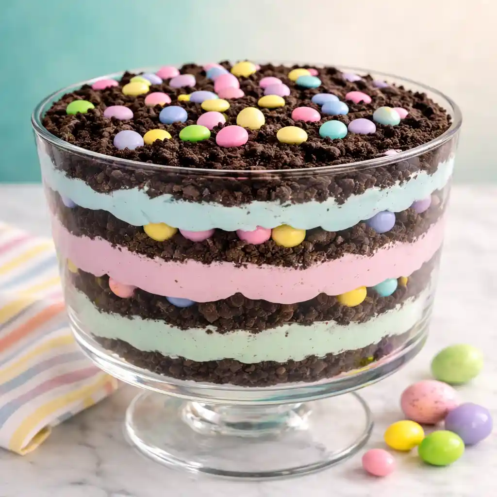 easter dirt cake casserole with oreo cookies chocolate pudding and peeps