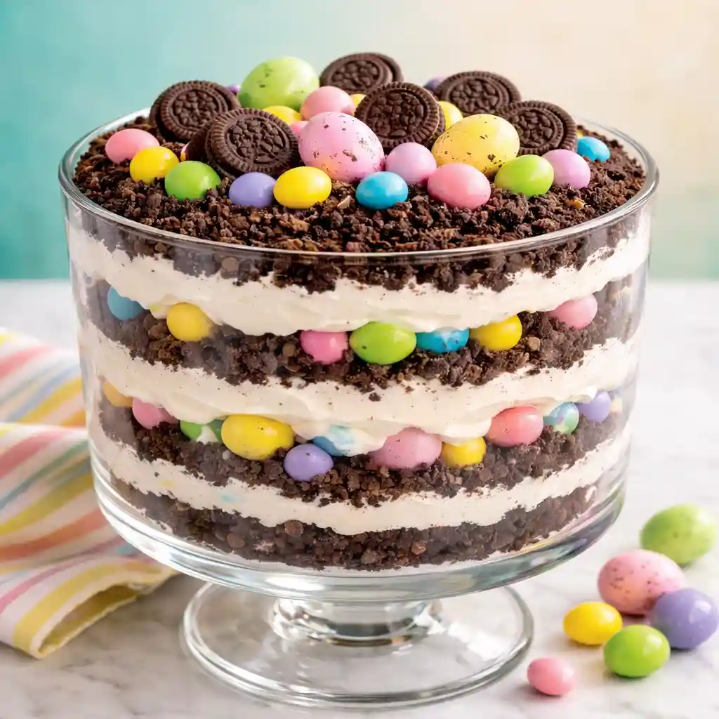 easter dirt cake casserole with oreo cookies chocolate pudding and peeps