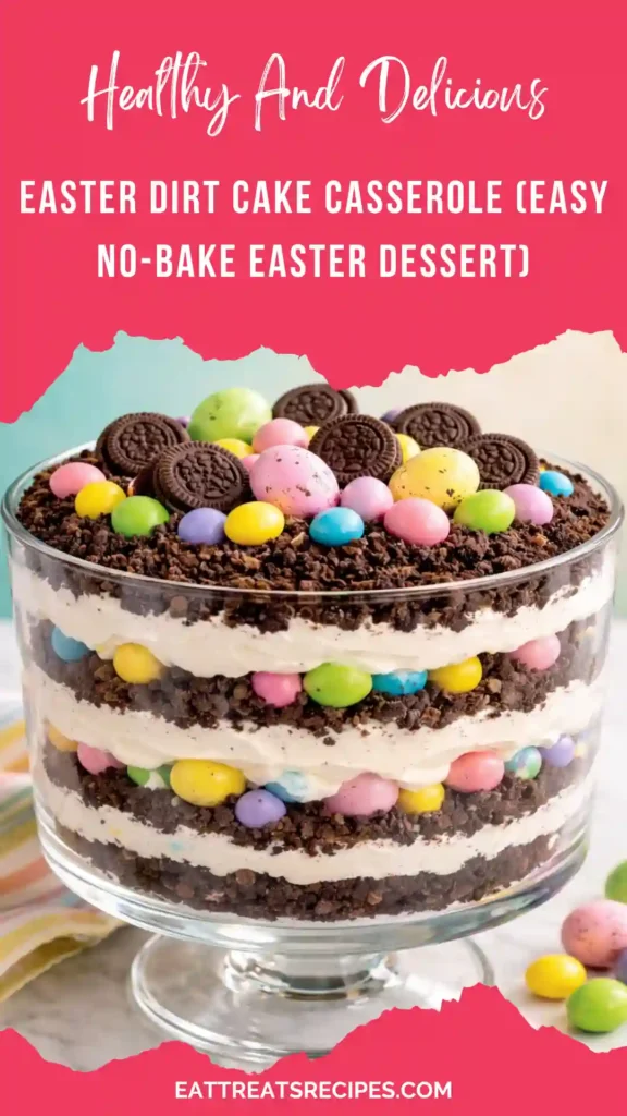 easter dirt cake casserole with oreo cookies chocolate pudding and peeps