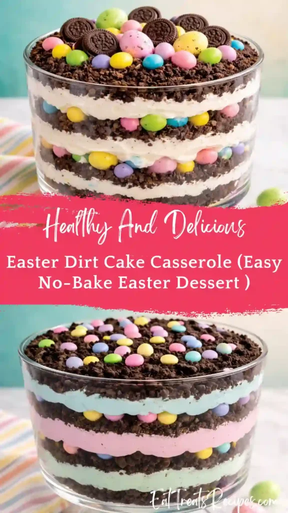 easter dirt cake casserole with oreo cookies chocolate pudding and peeps