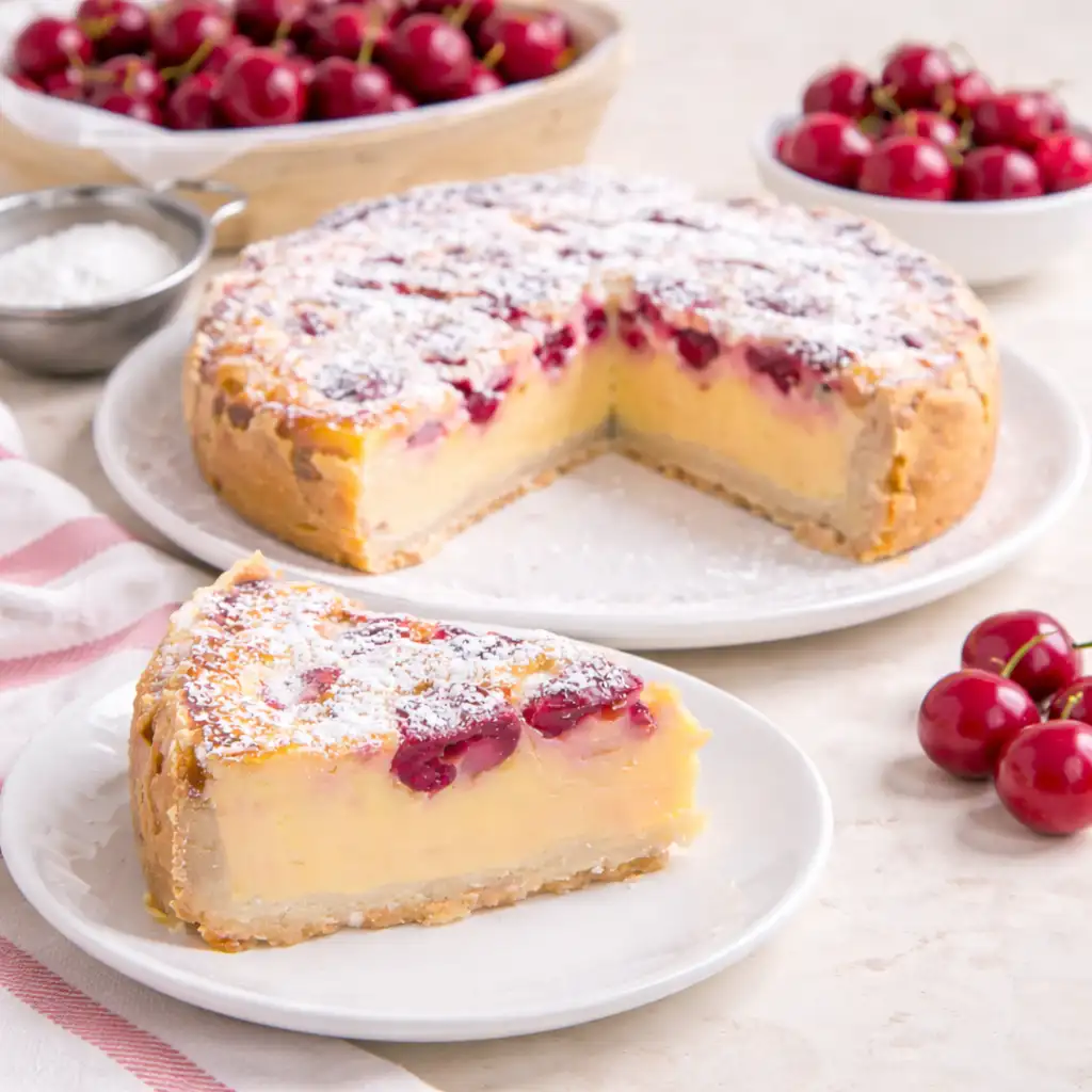 german cherry cake with streusel topping and juicy cherries