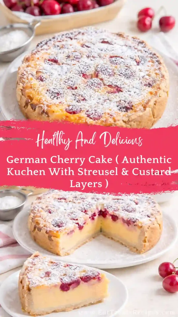 german cherry cake with streusel topping and juicy cherries