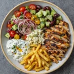 Greek style chicken plate with tzatziki and fries served with fresh vegetables and pita bread
