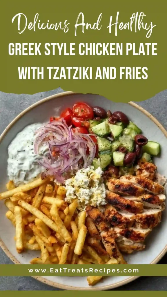 Greek style chicken plate with tzatziki and fries served with fresh vegetables and pita bread