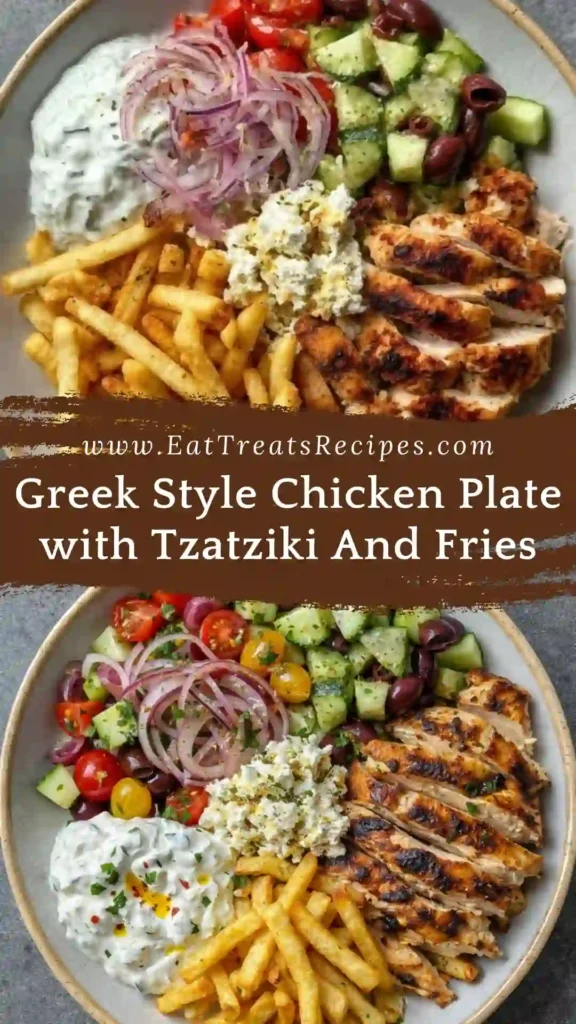 Greek style chicken plate with tzatziki and fries served with fresh vegetables and pita bread