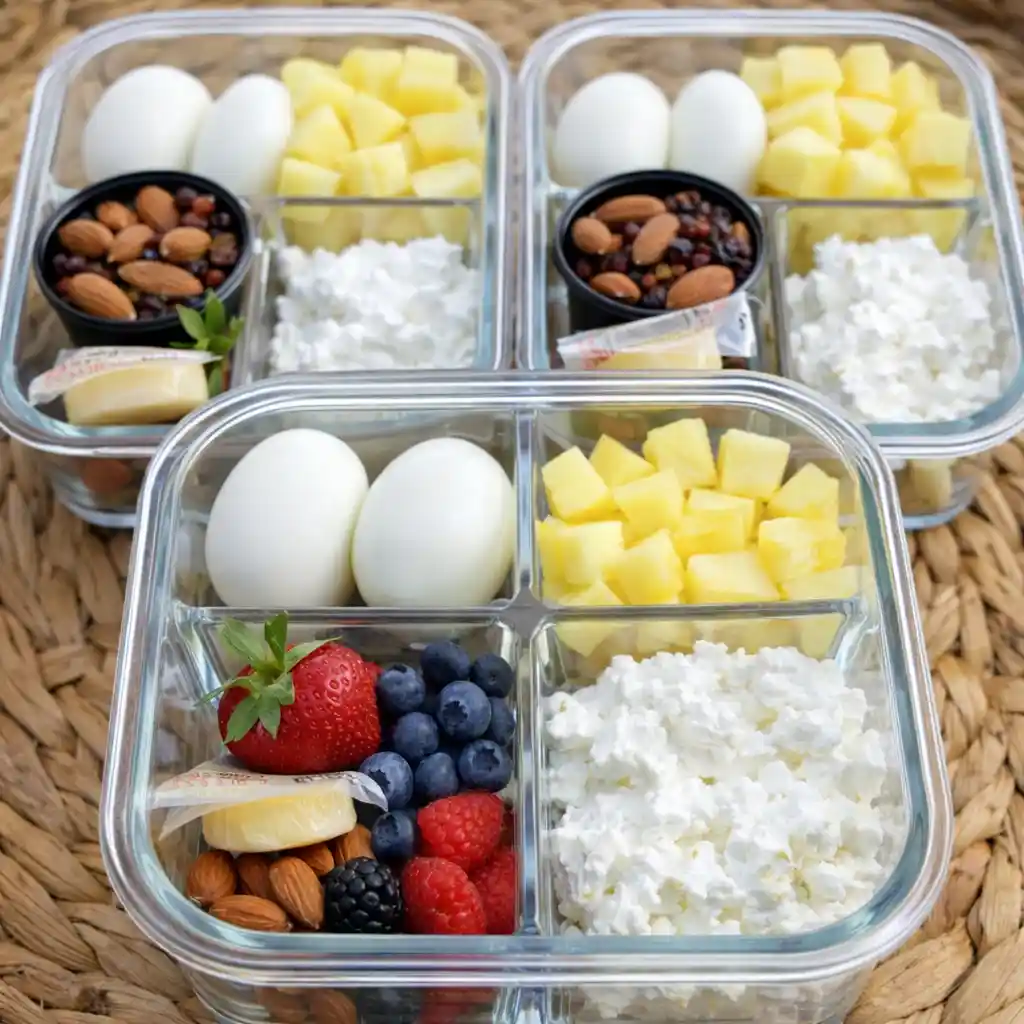 High Protein Breakfast Boxes with eggs, Greek yogurt, berries and almonds in meal prep containers