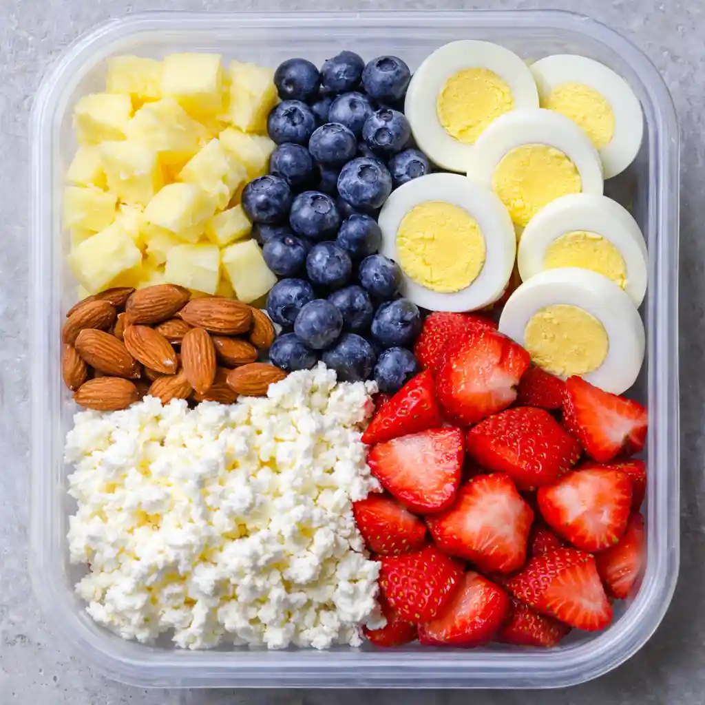 High Protein Breakfast Boxes with eggs, Greek yogurt, berries and almonds in meal prep containers