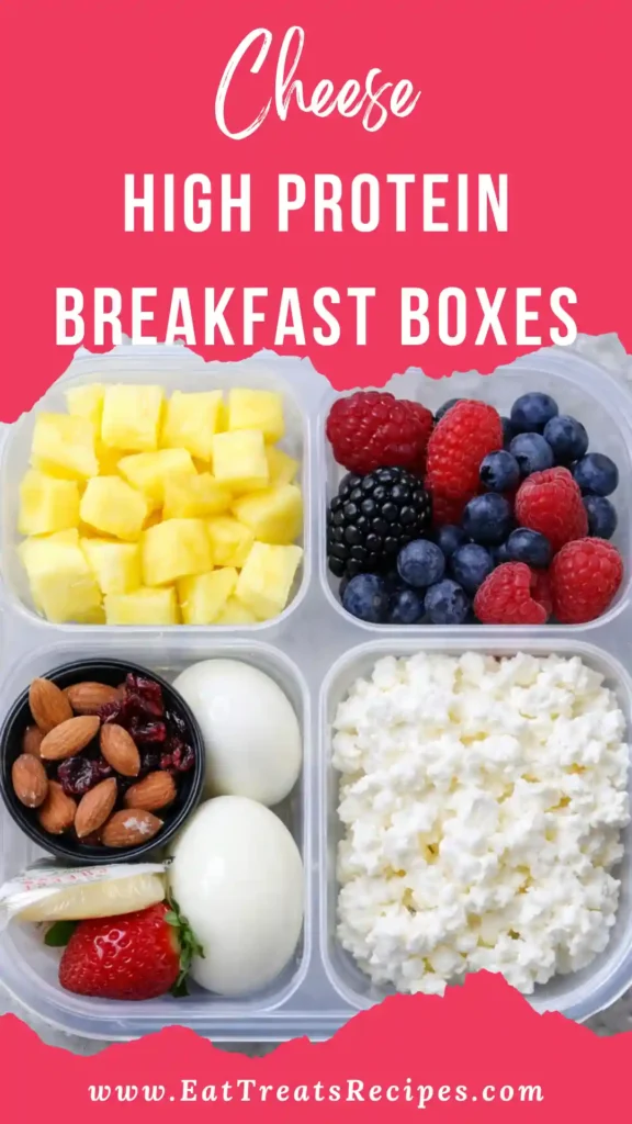 High Protein Breakfast Boxes with eggs, Greek yogurt, berries and almonds in meal prep containers