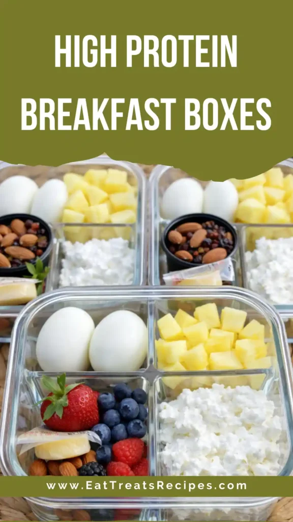 High Protein Breakfast Boxes with eggs, Greek yogurt, berries and almonds in meal prep containers