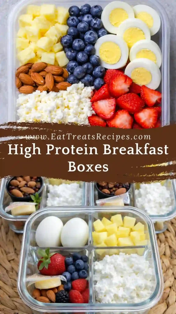 High Protein Breakfast Boxes with eggs, Greek yogurt, berries and almonds in meal prep containers