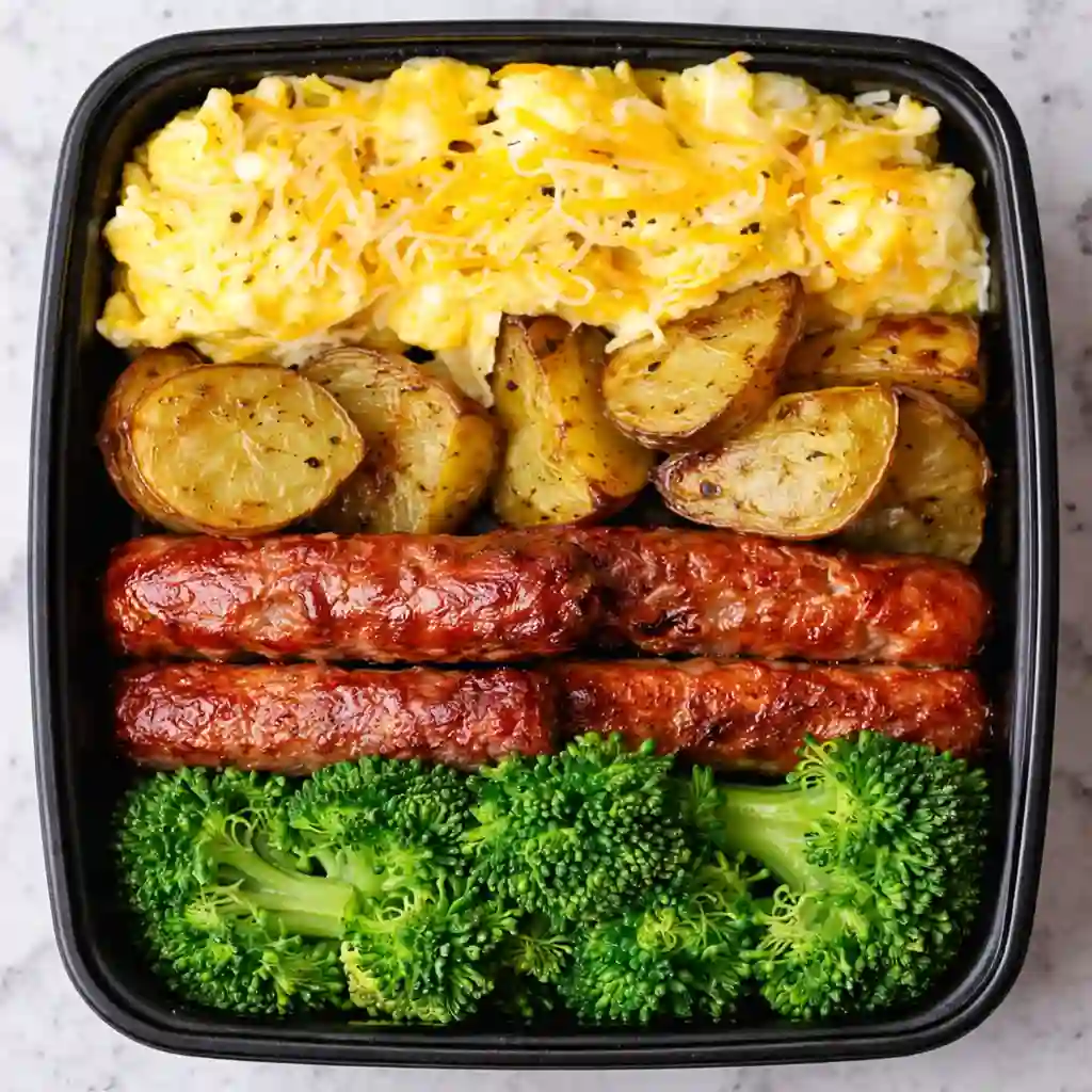 human kibble breakfast box high protein meal prep with eggs potatoes sausage broccoli