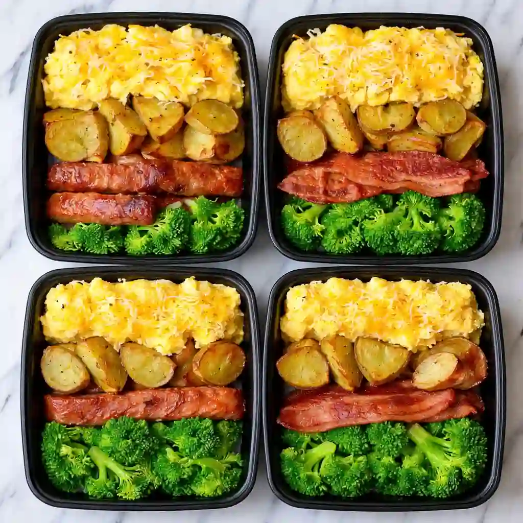 human kibble breakfast box high protein meal prep with eggs potatoes sausage broccoli