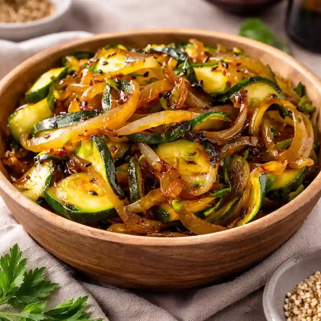 japanese zucchini and onion stir fry in pan with glossy sauce