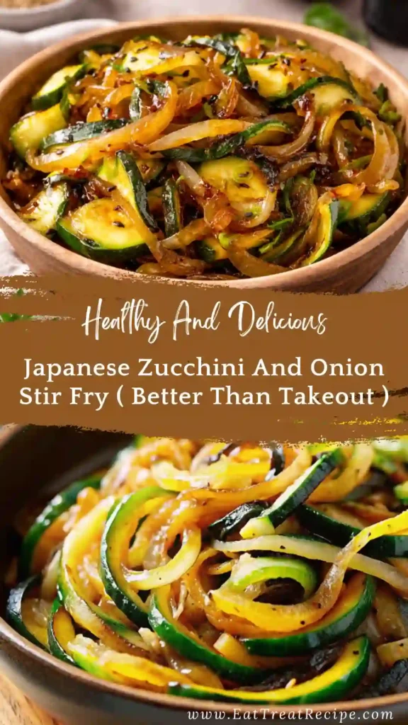 japanese zucchini and onion stir fry in pan with glossy sauce
