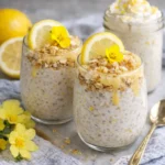 Lemon Cheesecake Overnight Oats Recipe high protein served in glass jar