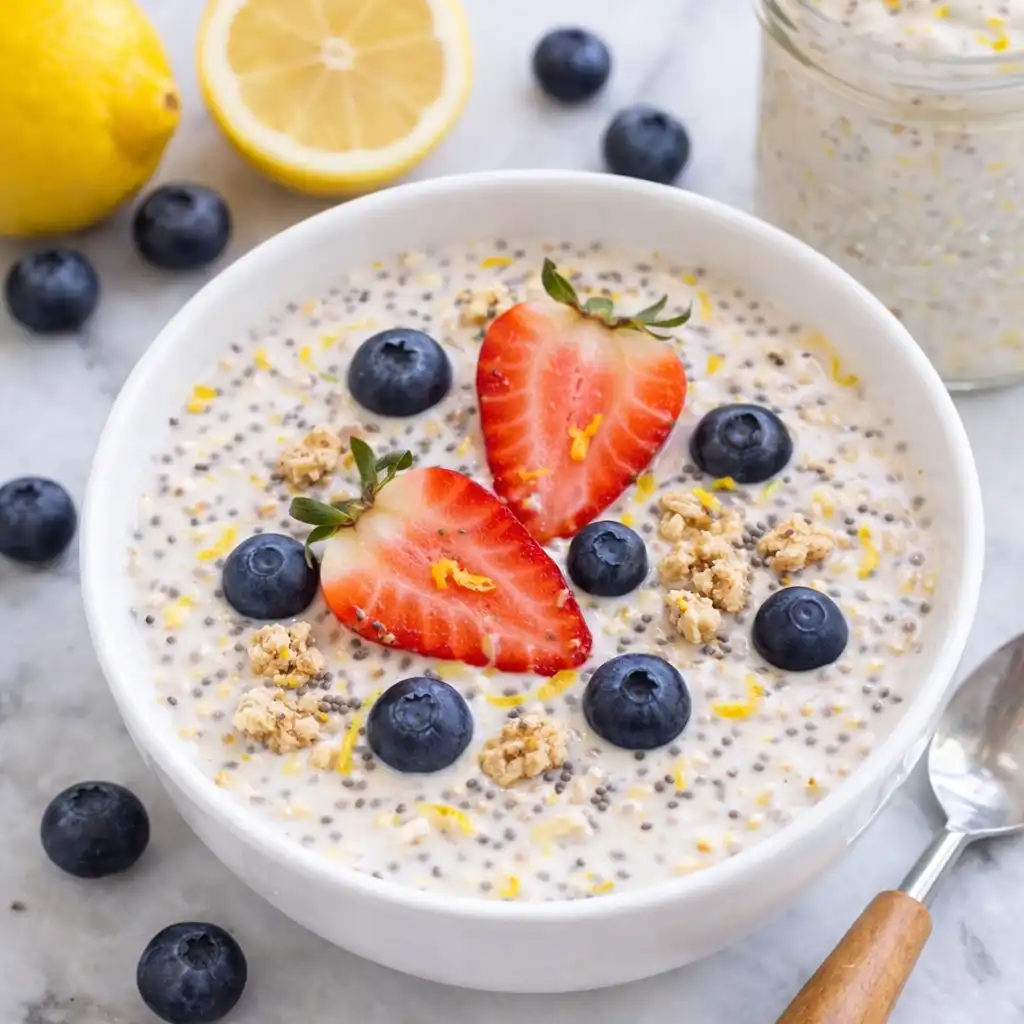 Lemon Cheesecake Overnight Oats Recipe high protein served in glass jar