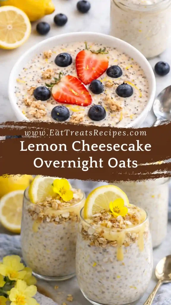 Lemon Cheesecake Overnight Oats Recipe high protein served in glass jar