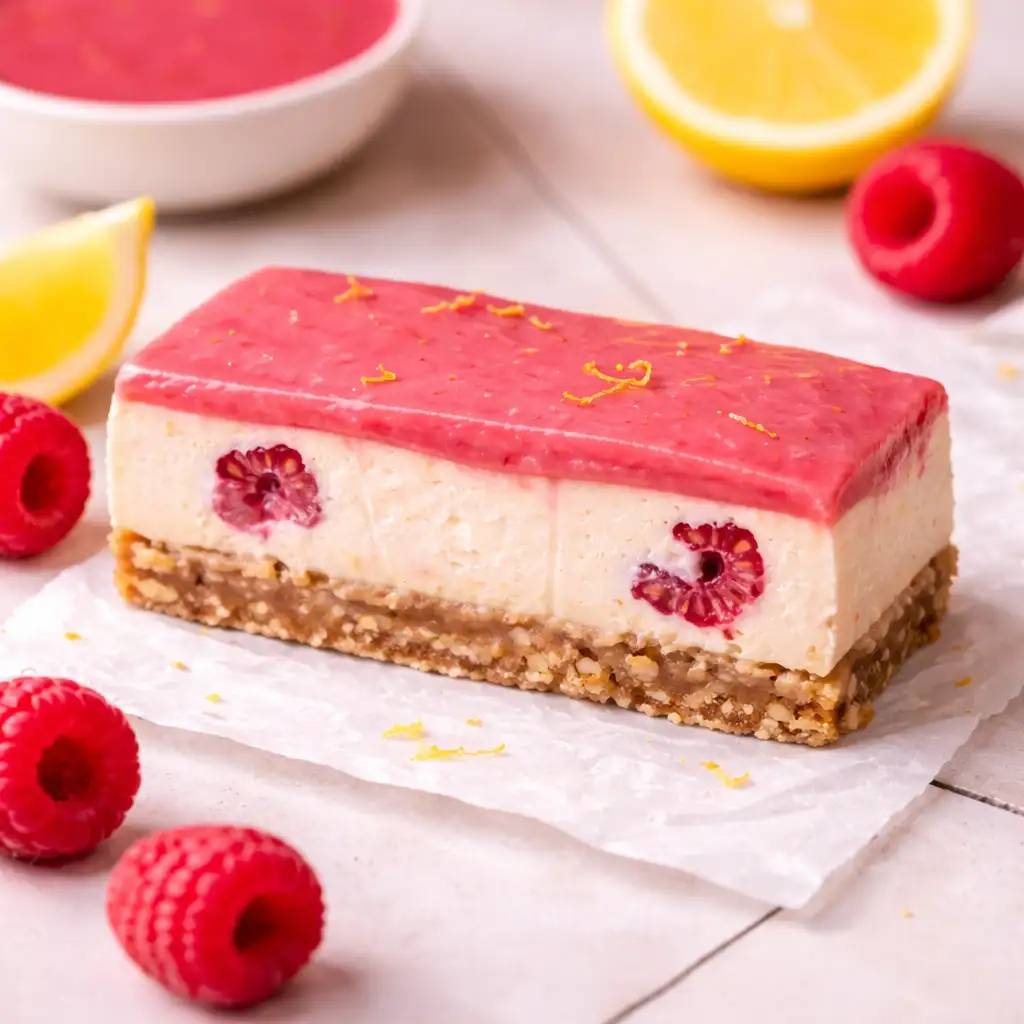 lemon raspberry cheesecake bars with shortbread crust and raspberry swirl