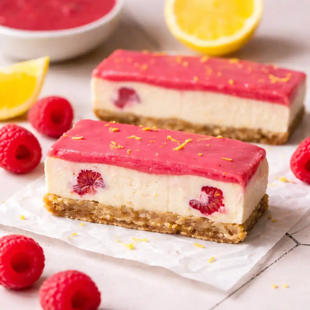 lemon raspberry cheesecake bars with shortbread crust and raspberry swirl