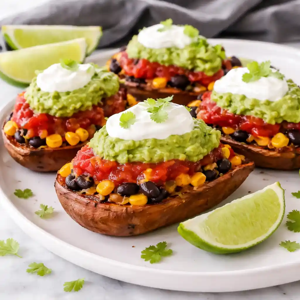 loaded black bean taco sweet potatoes with avocado and toppings