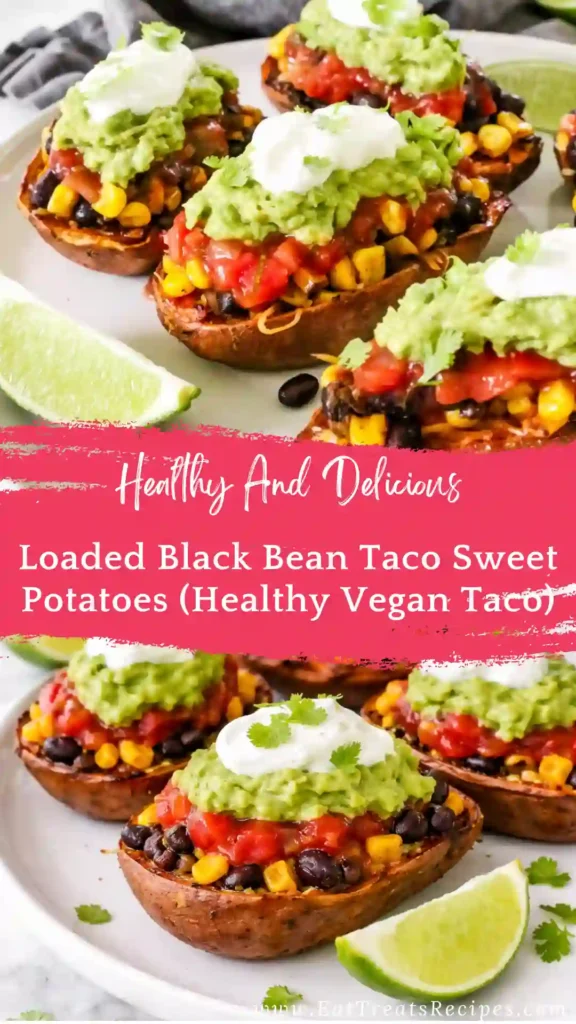 loaded black bean taco sweet potatoes with avocado and toppings