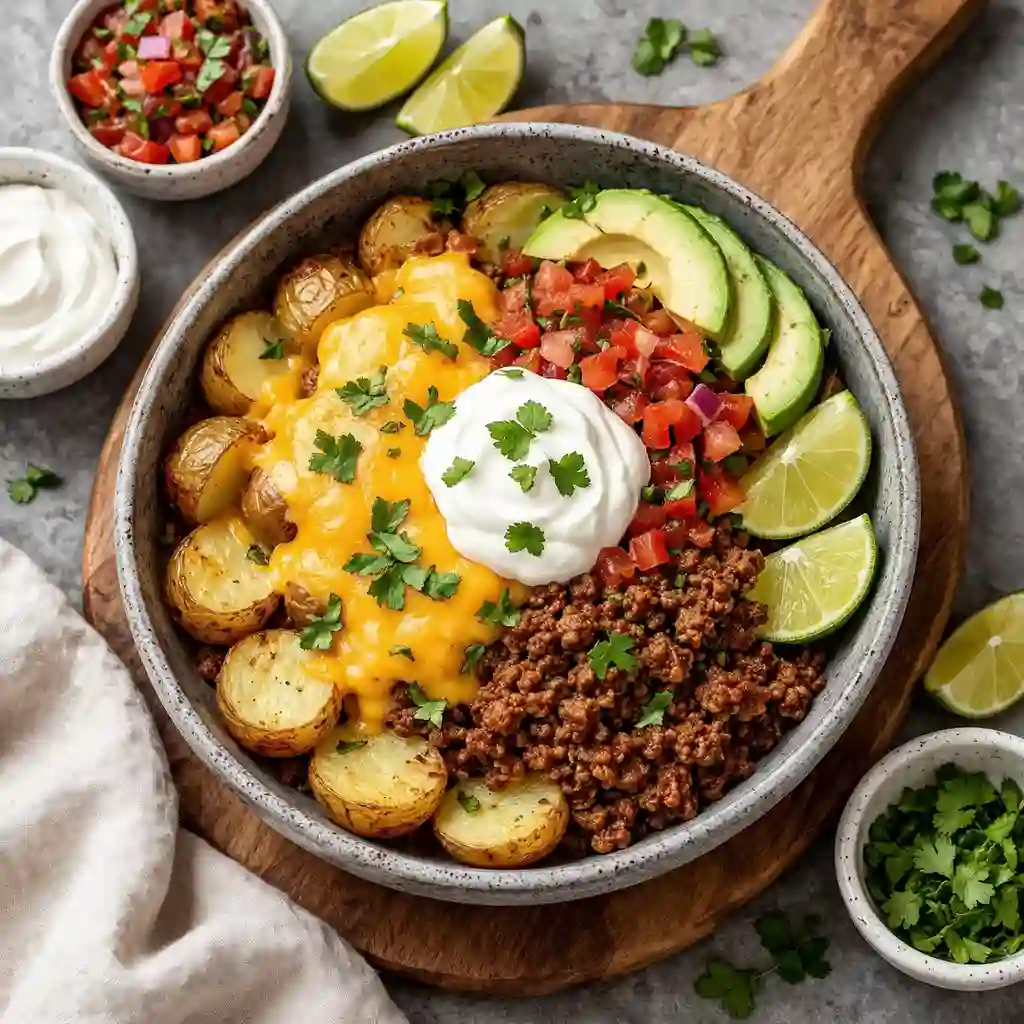 Loaded Fiesta Potato Bowls with crispy potatoes and melted cheese