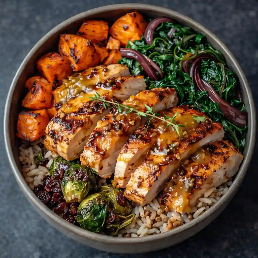 maple dijon chicken bowls with roasted sweet potatoes