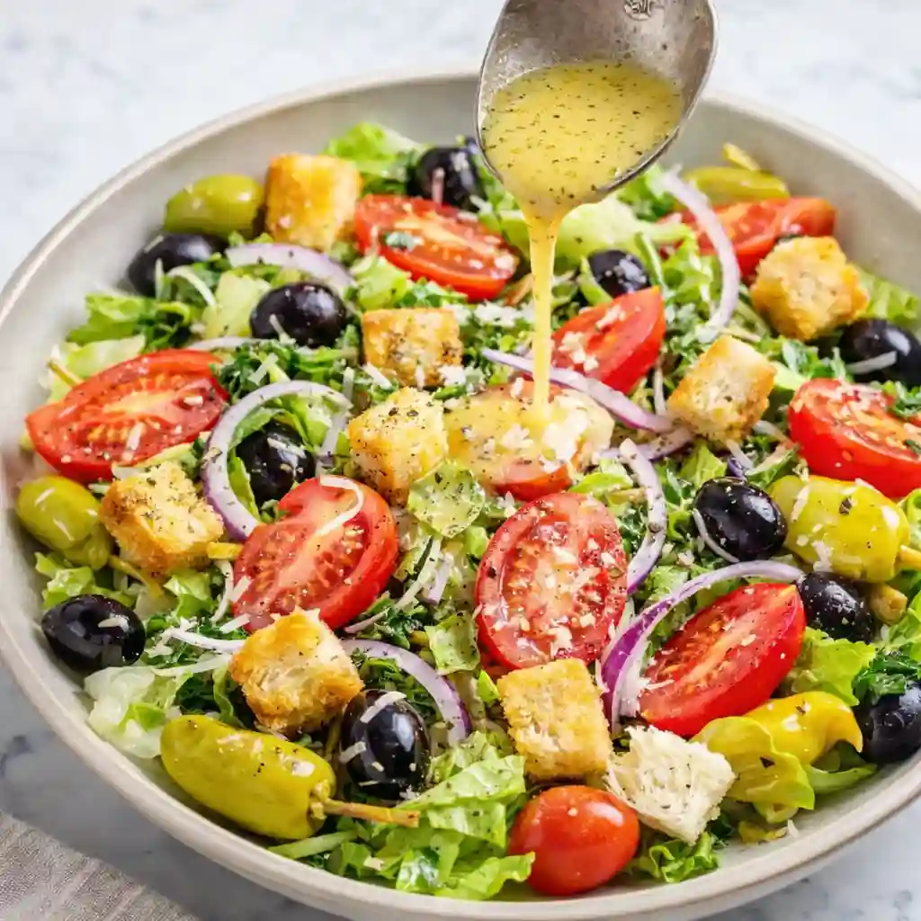 olive garden salad with lettuce olives pepperoncini tomatoes and italian dressing