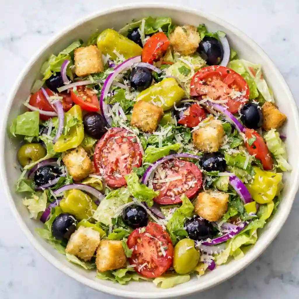 olive garden salad with lettuce olives pepperoncini tomatoes and italian dressing