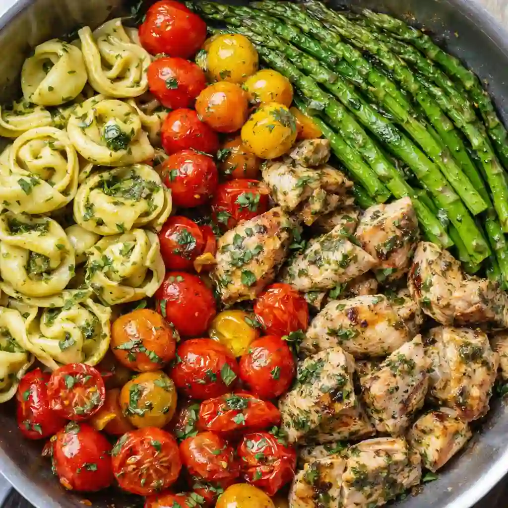 Pesto chicken tortellini and veggies served in skillet with basil pesto sauce and colorful vegetables