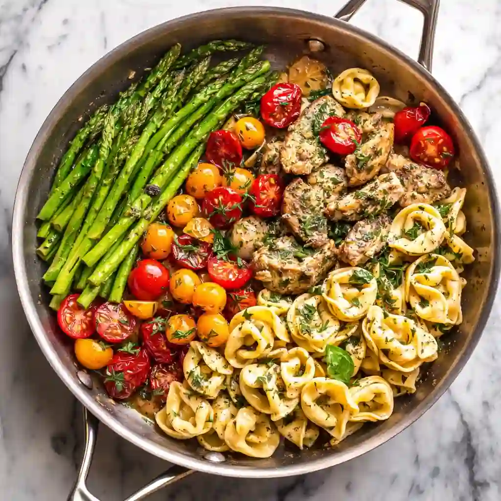 Pesto chicken tortellini and veggies served in skillet with basil pesto sauce and colorful vegetables