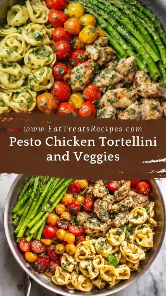 Pesto chicken tortellini and veggies served in skillet with basil pesto sauce and colorful vegetablesPesto chicken tortellini and veggies served in skillet with basil pesto sauce and colorful vegetables