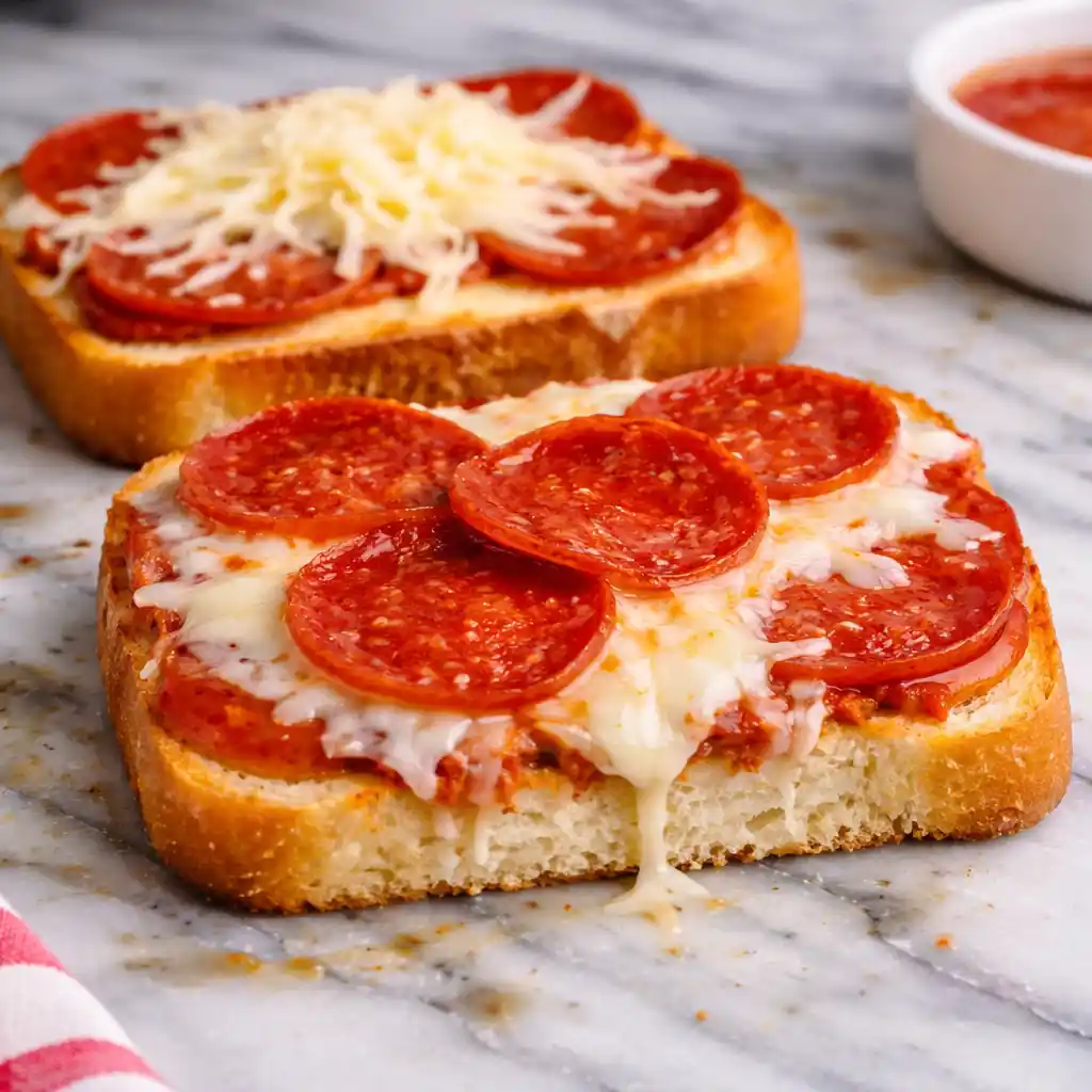 Pizza grilled cheese sandwich with melted mozzarella and pepperoni